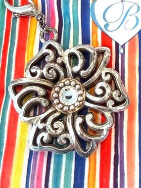 BRIGHTON Silver Plate Fused Floral Bag Charm/Key Fob